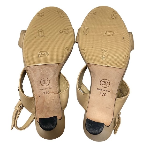 Chanel CC Logo Chain Detail Nude Leather Double Strap Slingback Heels Sandals - Picture 9 of 9